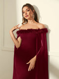 Buy SHEIN Modely Off Shoulder Fuzzy Trim Split Thigh Chiffon Prom Dress in Pakistan