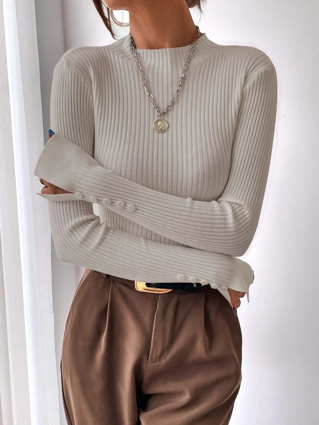 Buy SHEIN Split Cuff Ribbed Knit Sweater in Pakistan