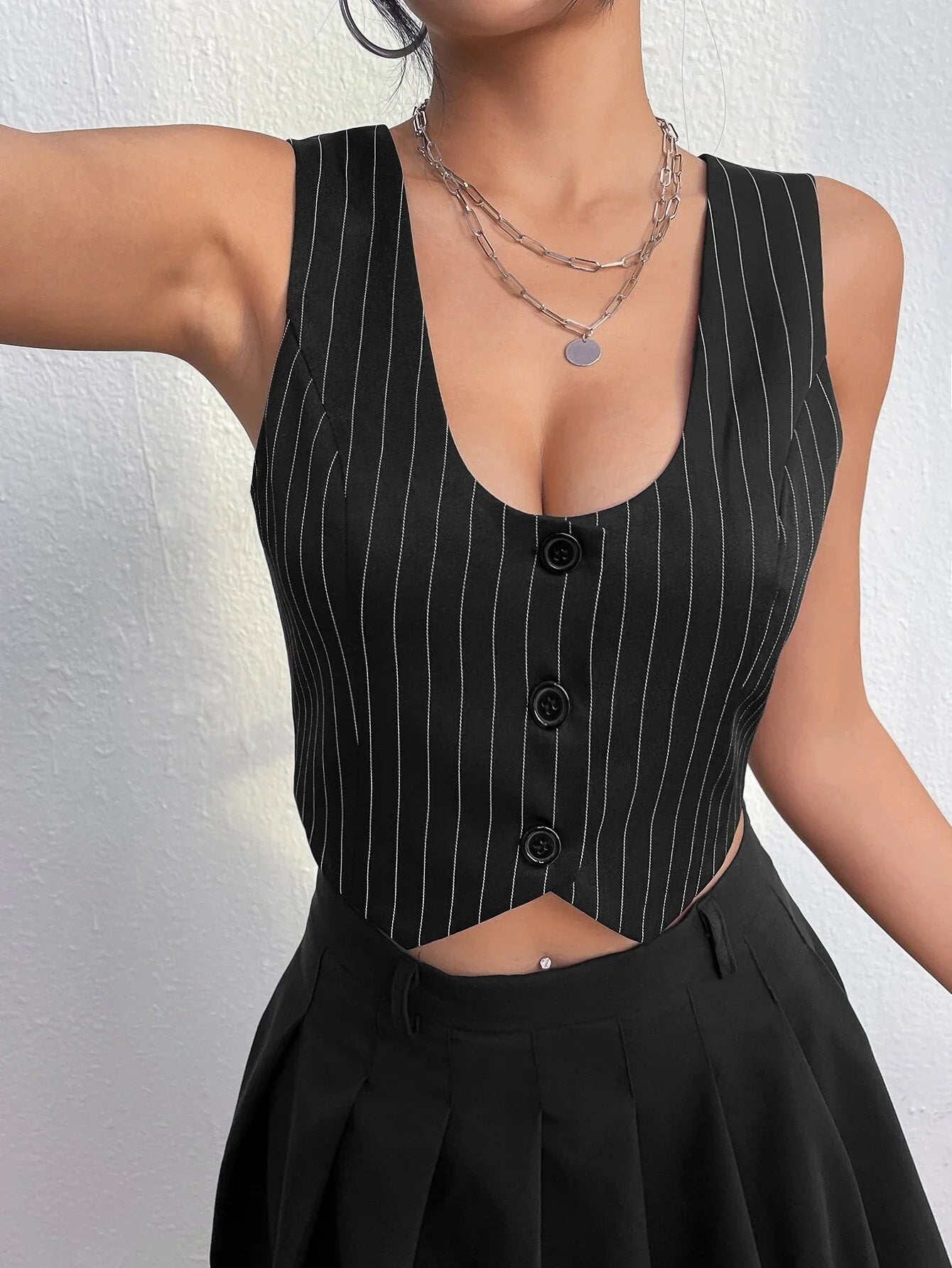 Buy SHEIN Qutie Pinstriped Single Breasted Crop Waistcoat Without Shirt in Pakistan