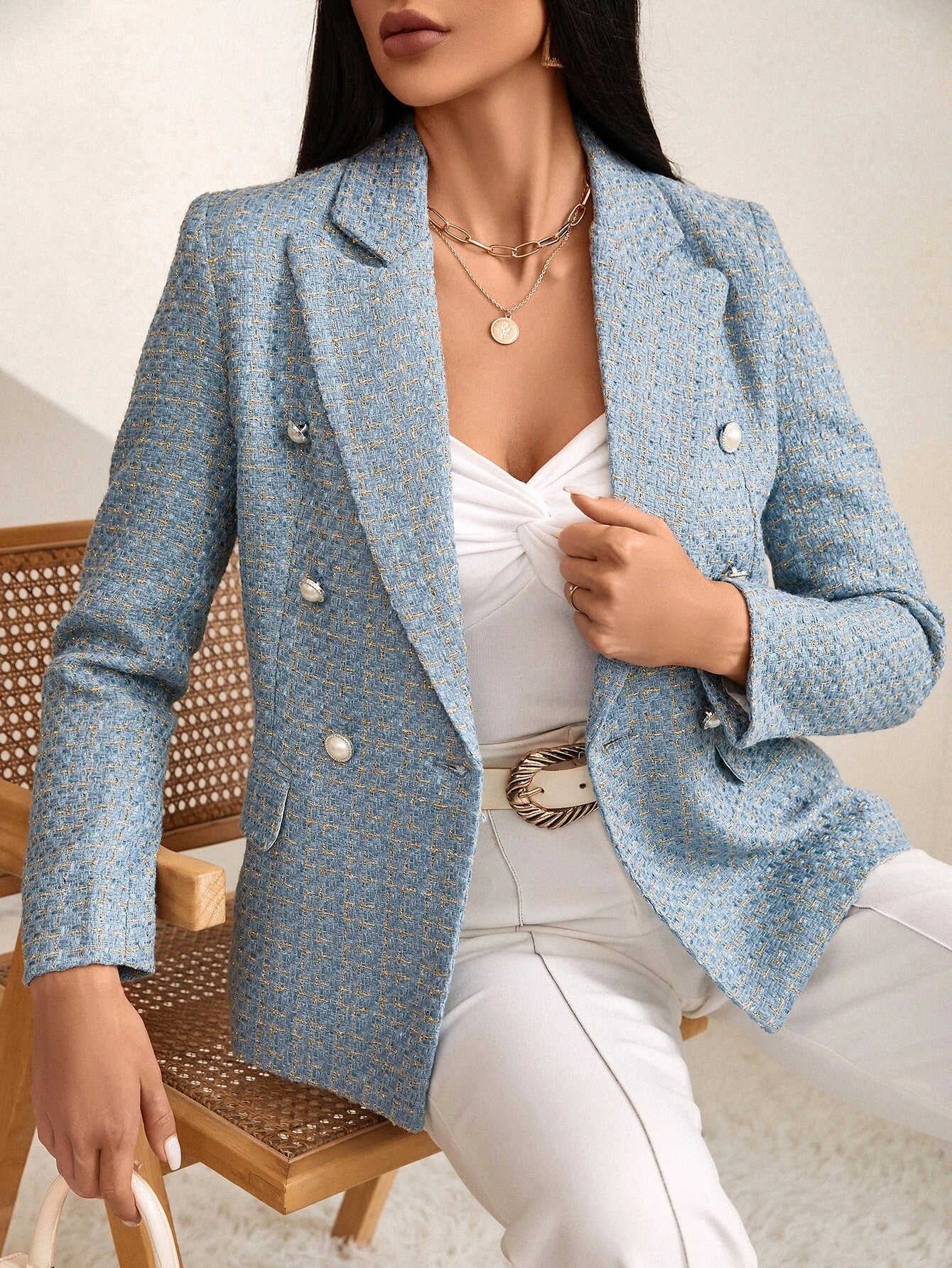 Buy SHEIN Plaid Print Double Breasted Blazer in Pakistan