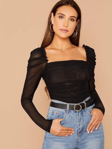 Buy SHEIN BIZwear Sheer Mesh Ruched Ruffled Top in Pakistan