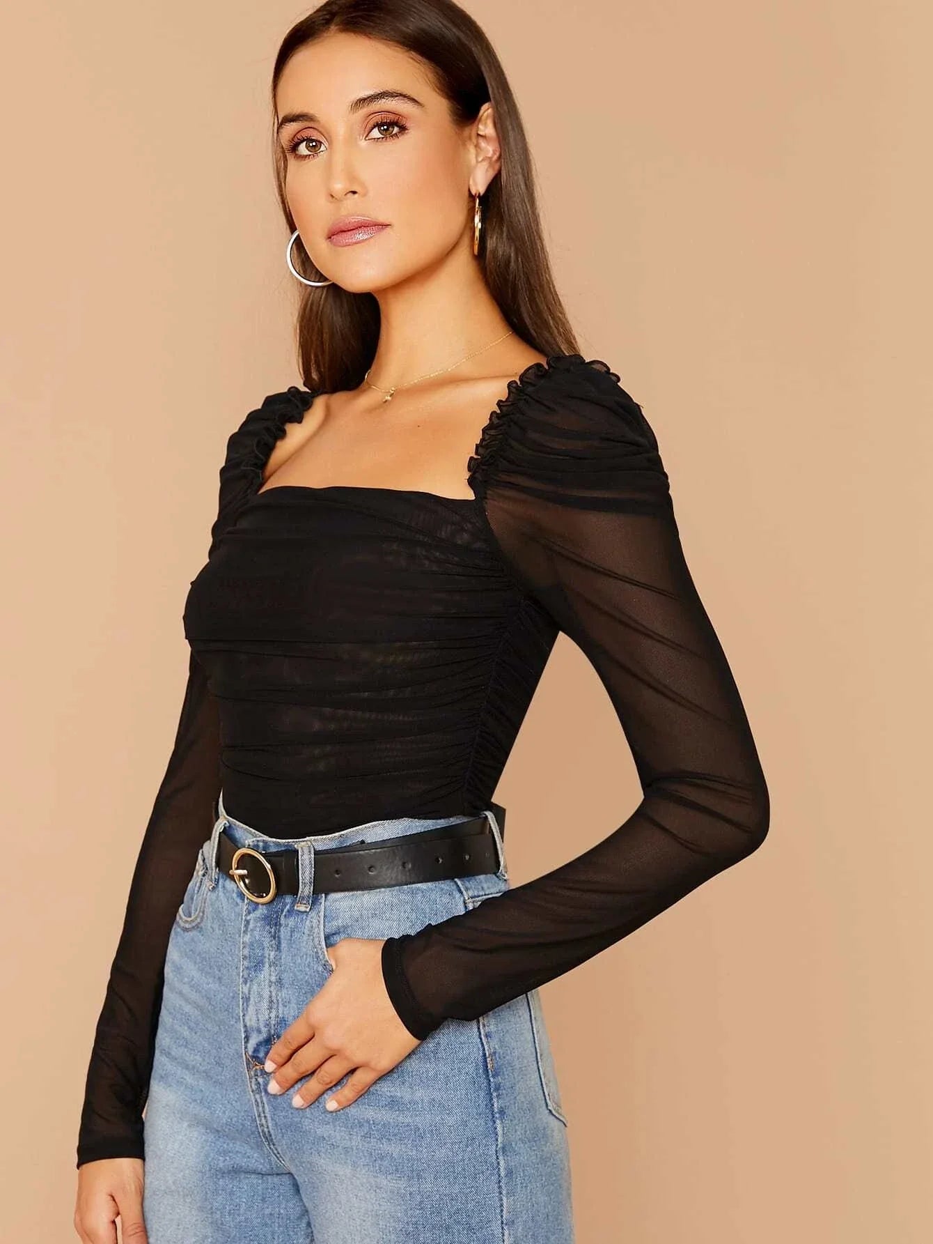 Buy SHEIN BIZwear Sheer Mesh Ruched Ruffled Top in Pakistan