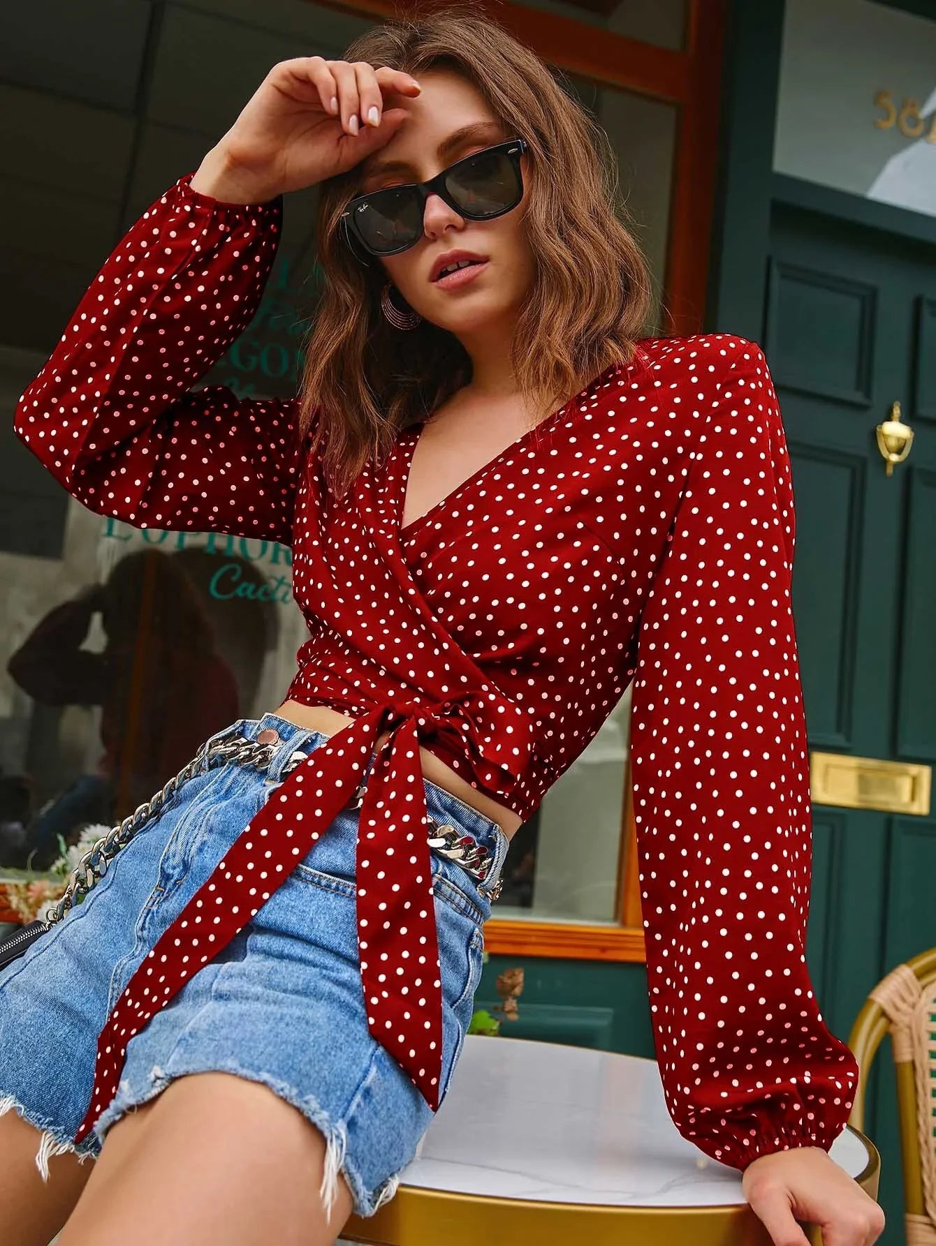 Buy SHEIN Frenchy Polka Dot Surplice Cropped Wrap Top in Pakistan