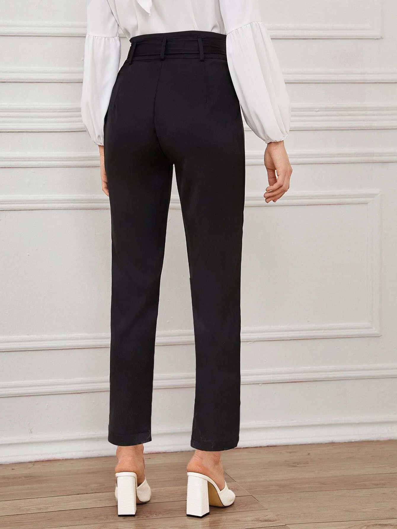 Buy Shein Solid Eyelet Buckle Belted Tailored Pants in Pakistan