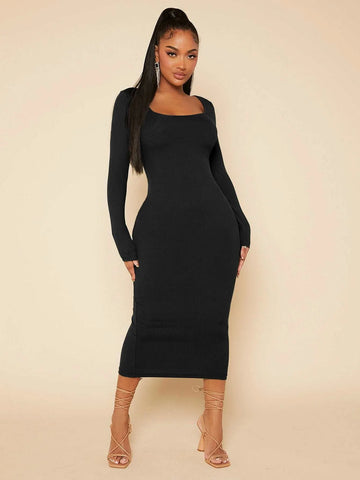 Buy SHEIN SXY Solid Scoop Neck Bodycon Dress in Pakistan