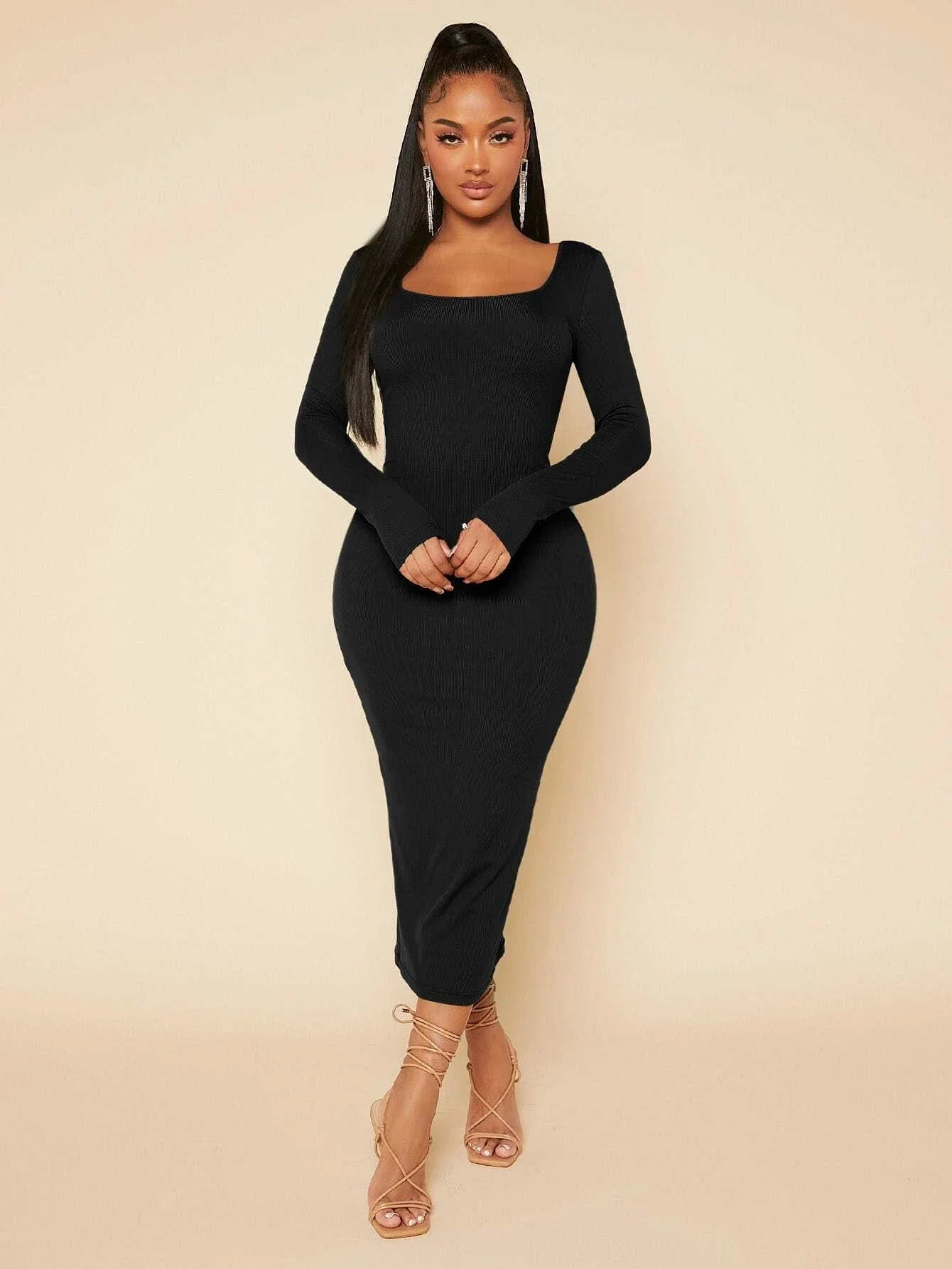 Buy SHEIN SXY Solid Scoop Neck Bodycon Dress in Pakistan