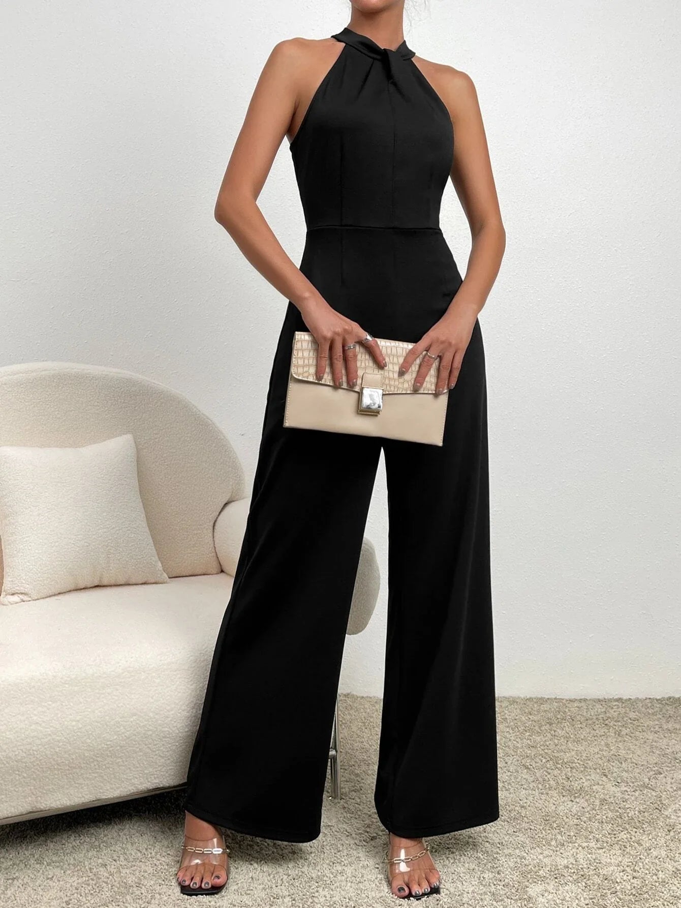 Buy SHEIN Zipper Back Halter Neck Wide Leg Jumpsuit in Pakistan