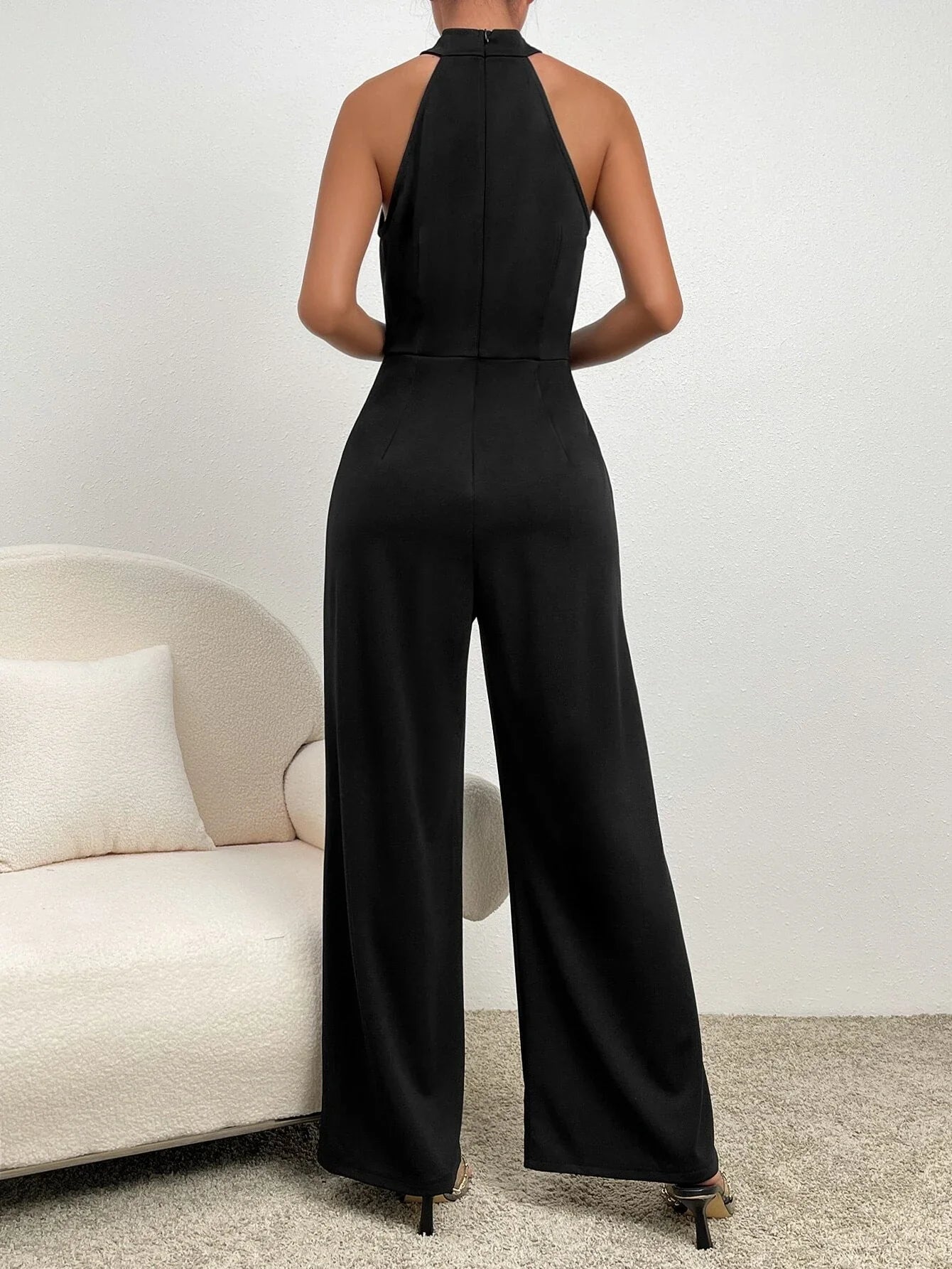 Buy SHEIN Zipper Back Halter Neck Wide Leg Jumpsuit in Pakistan