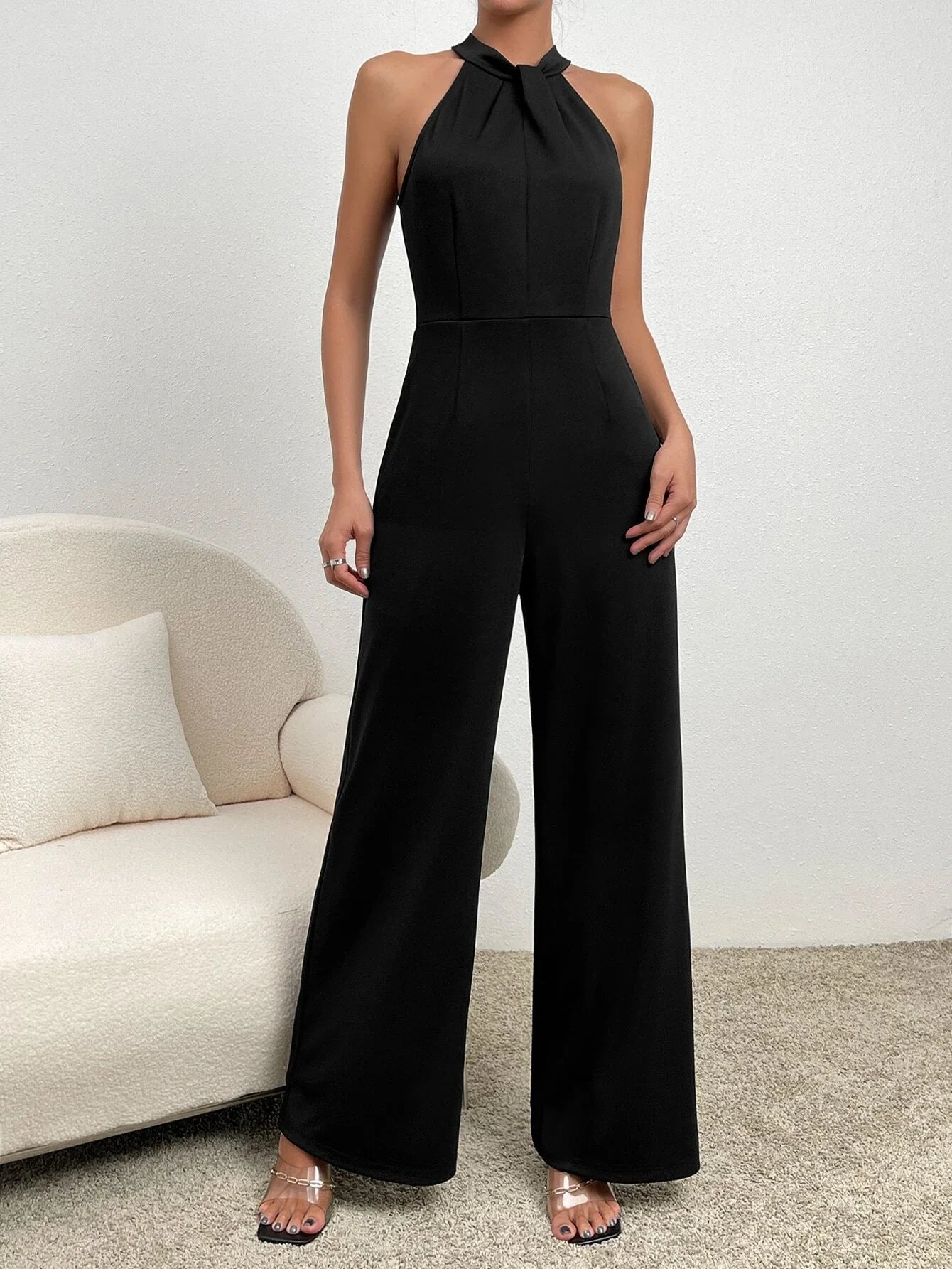 Buy SHEIN Zipper Back Halter Neck Wide Leg Jumpsuit in Pakistan