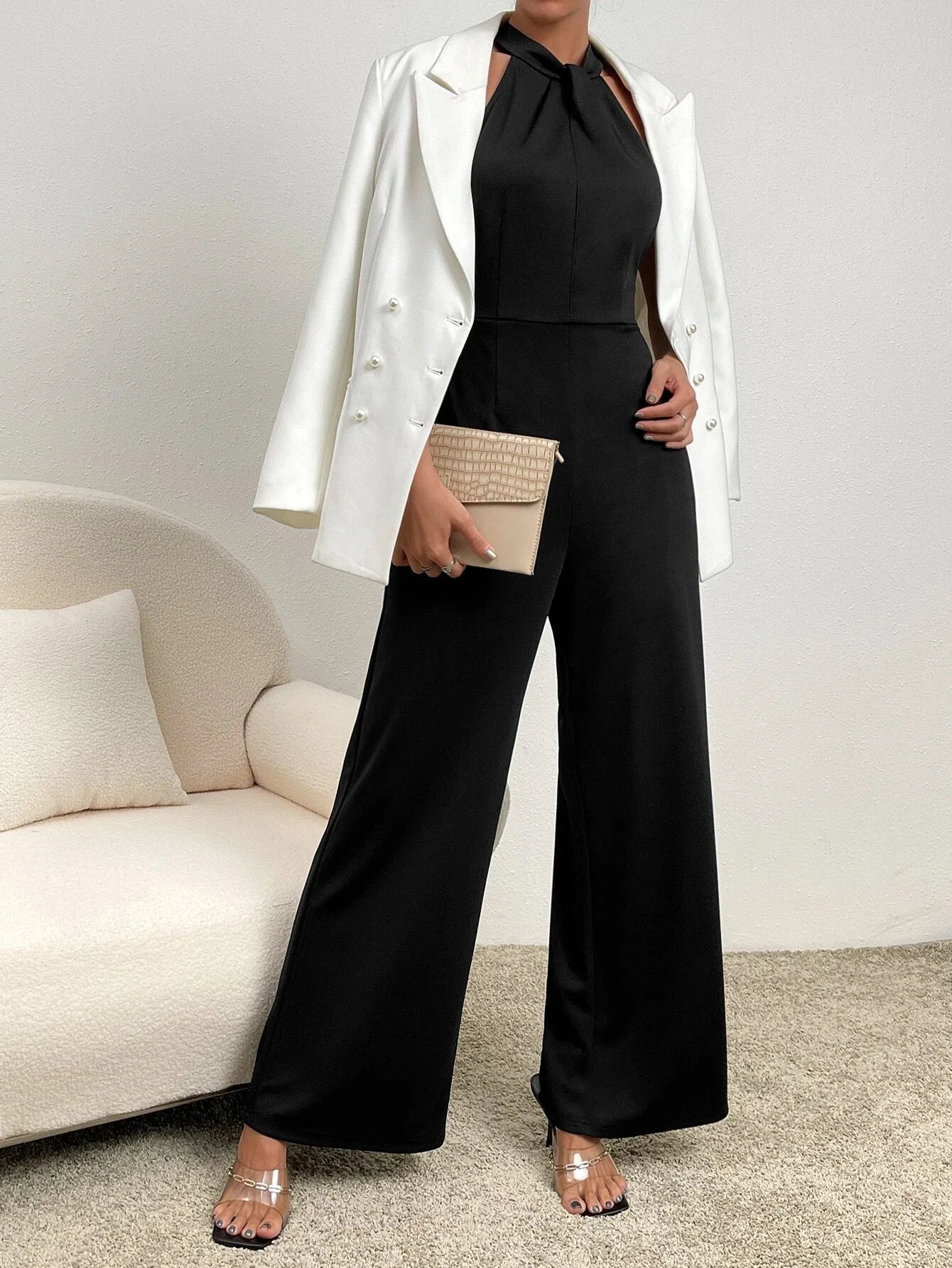 Buy SHEIN Zipper Back Halter Neck Wide Leg Jumpsuit in Pakistan