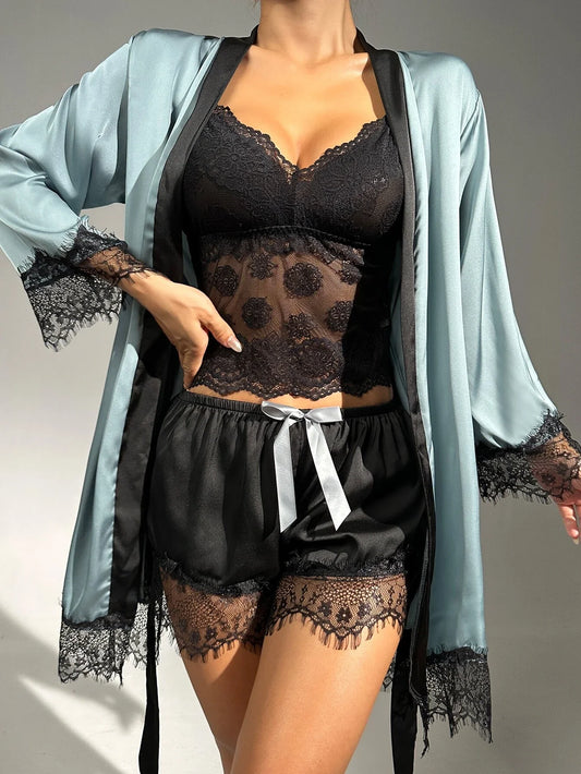 Buy SHEIN Sheer Lace Cami With Belted Robe & Shorts Night Set in Pakistan