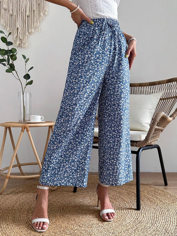 Buy SHEIN VCAY Ditsy Floral Print Tie Front Wide Leg Pants in Pakistan