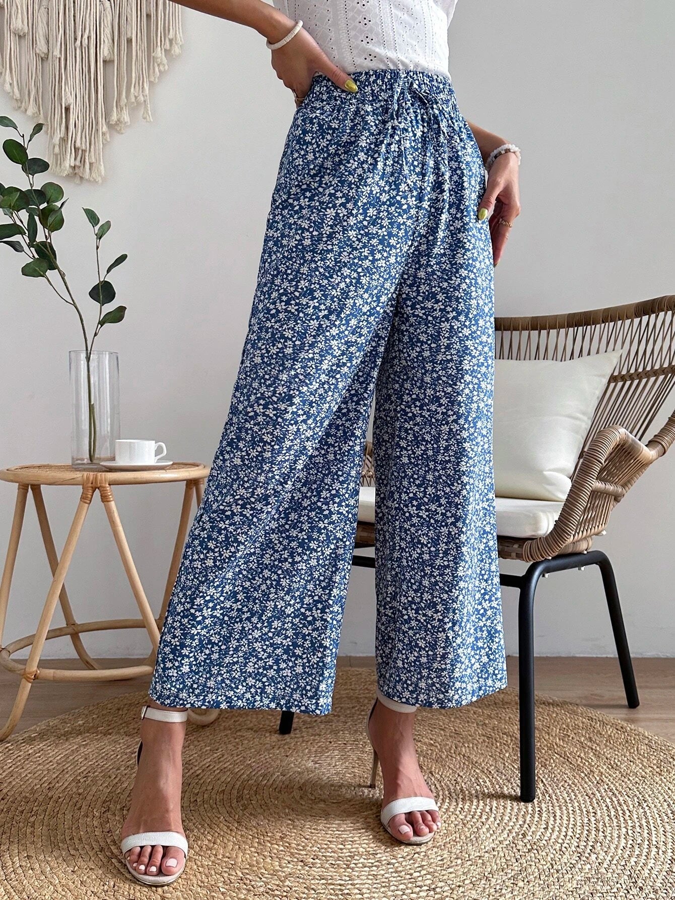 Buy SHEIN VCAY Ditsy Floral Print Tie Front Wide Leg Pants in Pakistan