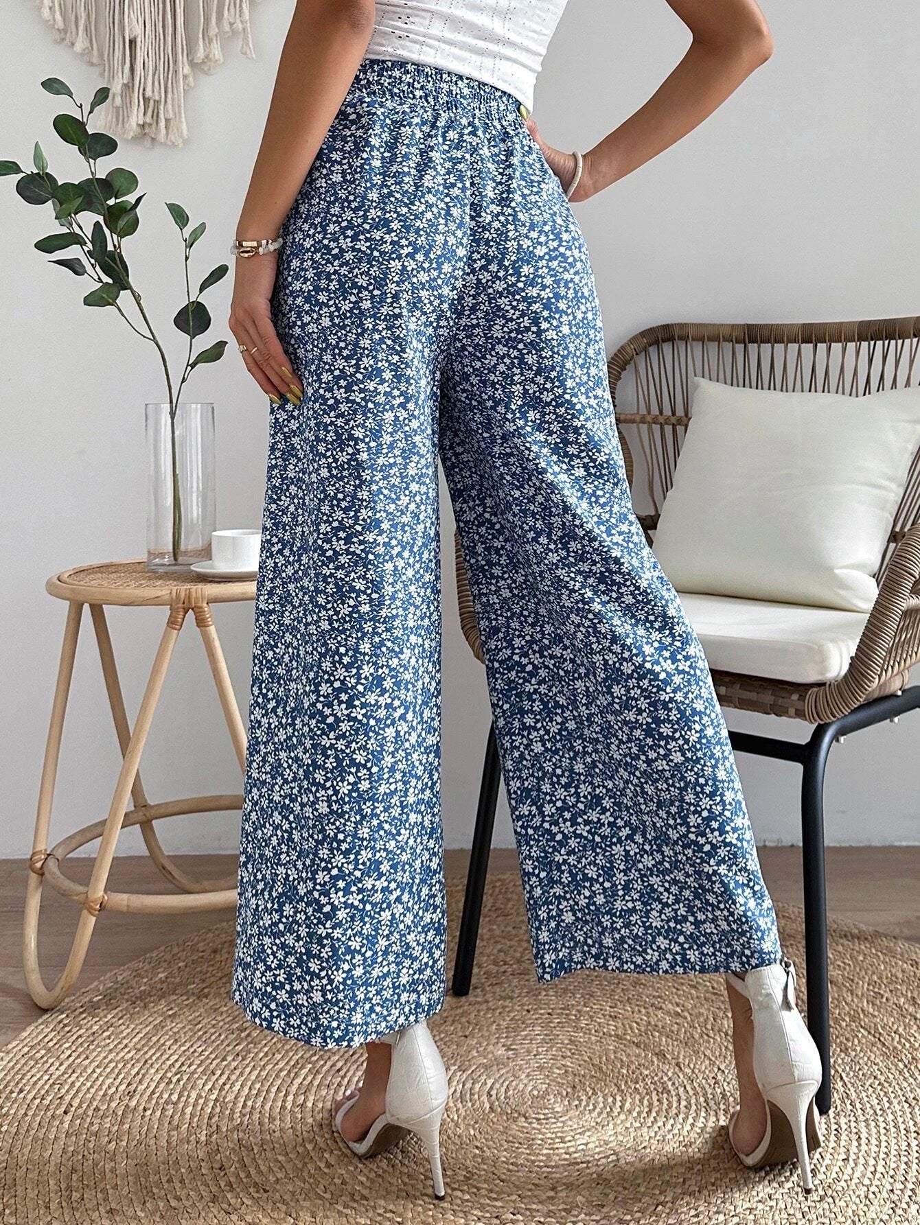 Buy SHEIN VCAY Ditsy Floral Print Tie Front Wide Leg Pants in Pakistan