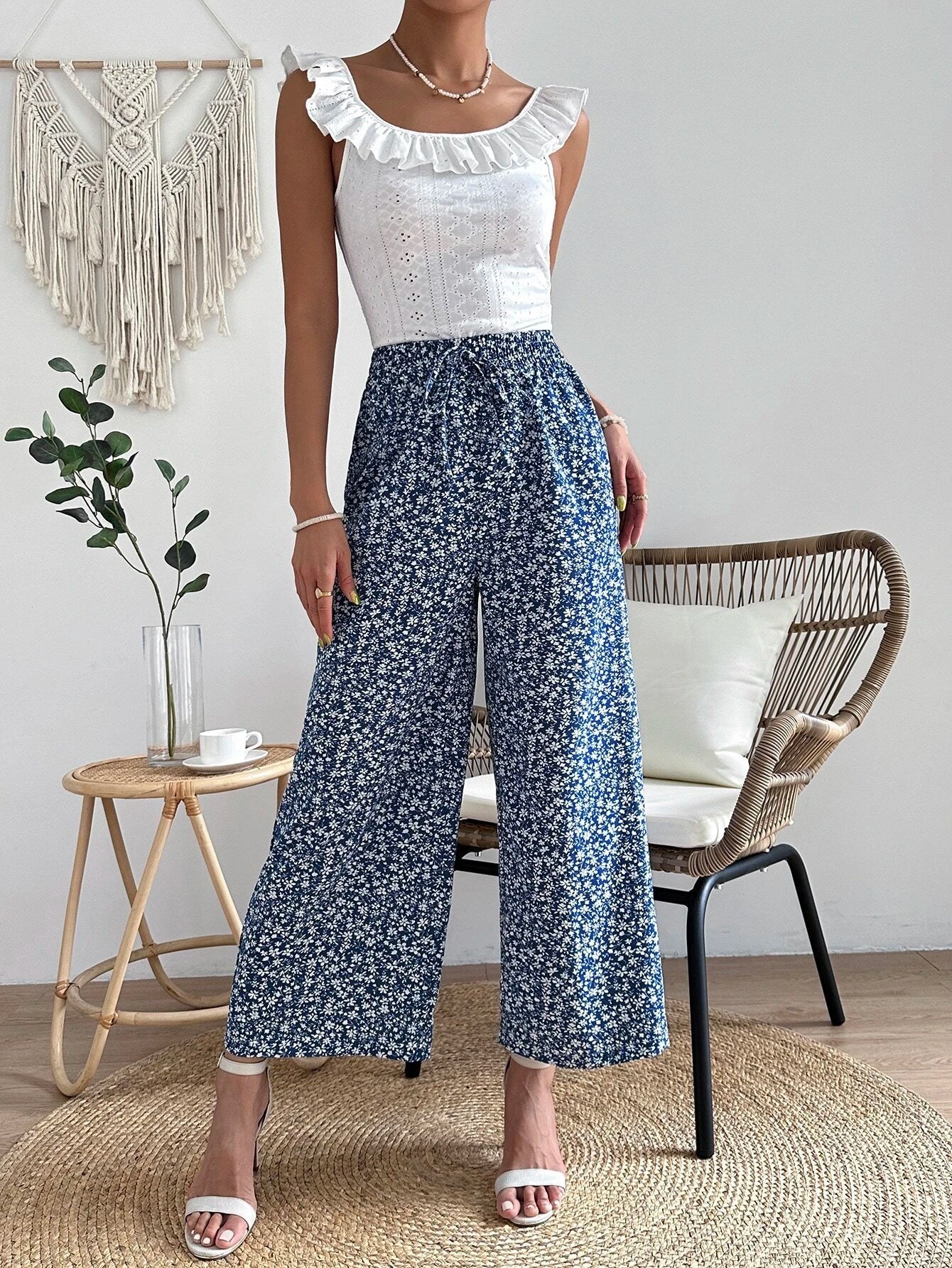 Buy SHEIN VCAY Ditsy Floral Print Tie Front Wide Leg Pants in Pakistan