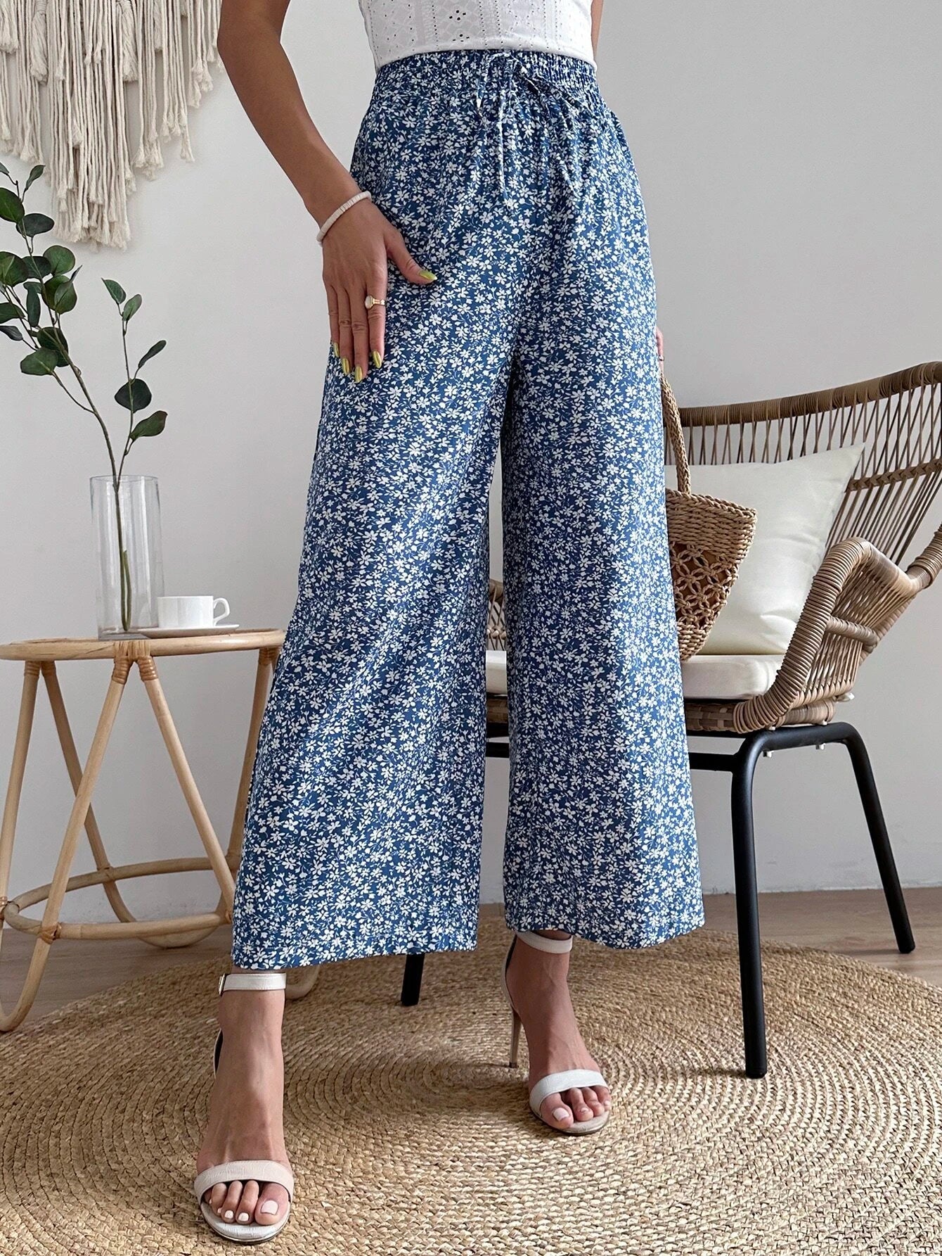 Buy SHEIN VCAY Ditsy Floral Print Tie Front Wide Leg Pants in Pakistan