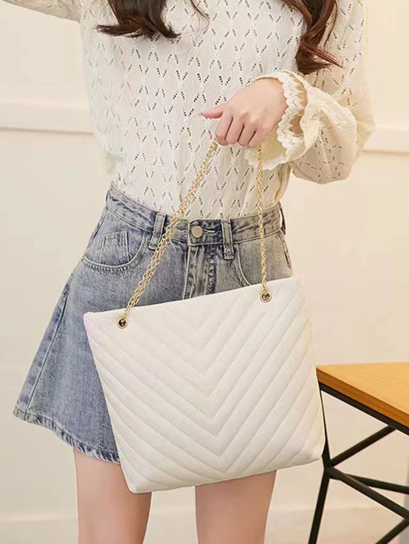 Buy SHEIN Chevron Quilted Chain Shoulder Tote Bag in Pakistan