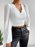 Buy SHEIN Frenchy Contrast Lace Lantern Sleeve Crop Top in Pakistan