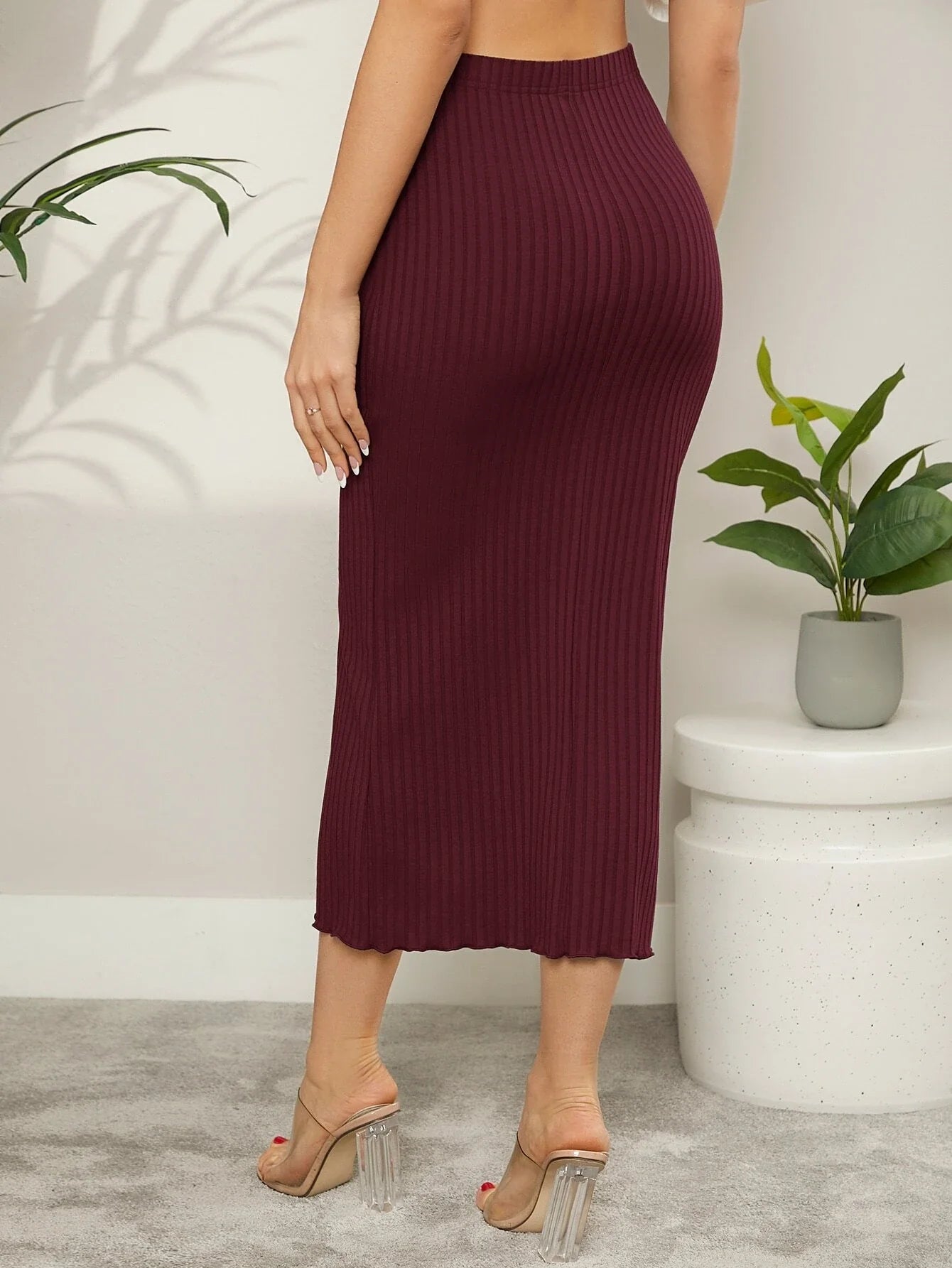 Buy SHEIN Mulvari Ribbed Knit Lettuce Trim Bodycon Skirt in Pakistan