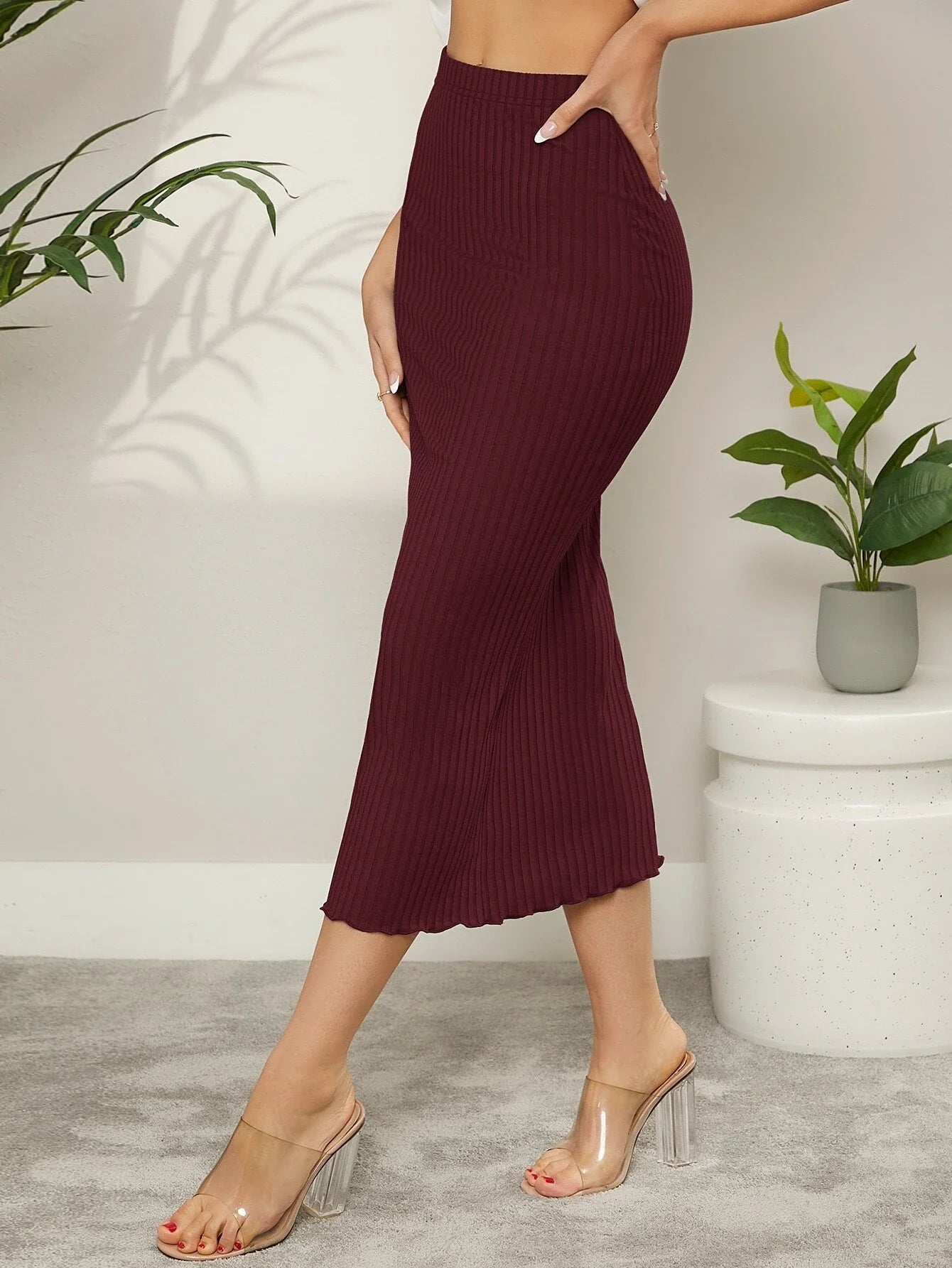 Buy SHEIN Mulvari Ribbed Knit Lettuce Trim Bodycon Skirt in Pakistan