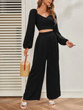 Buy SHEIN Mulvari Lantern Sleeve Shirred Back Crop Top & Pants Set in Pakistan