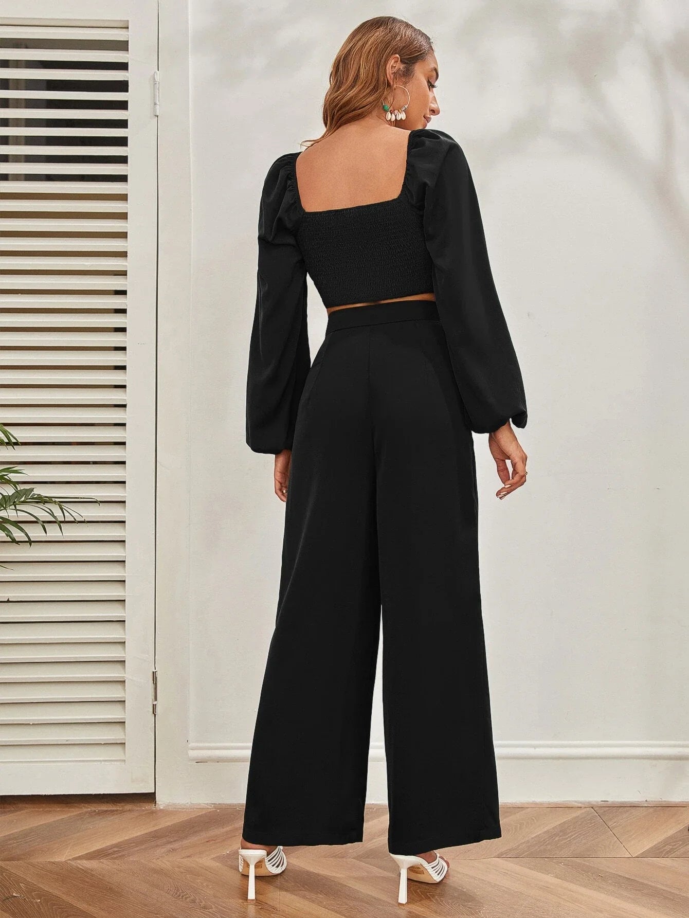 Buy SHEIN Mulvari Lantern Sleeve Shirred Back Crop Top & Pants Set in Pakistan