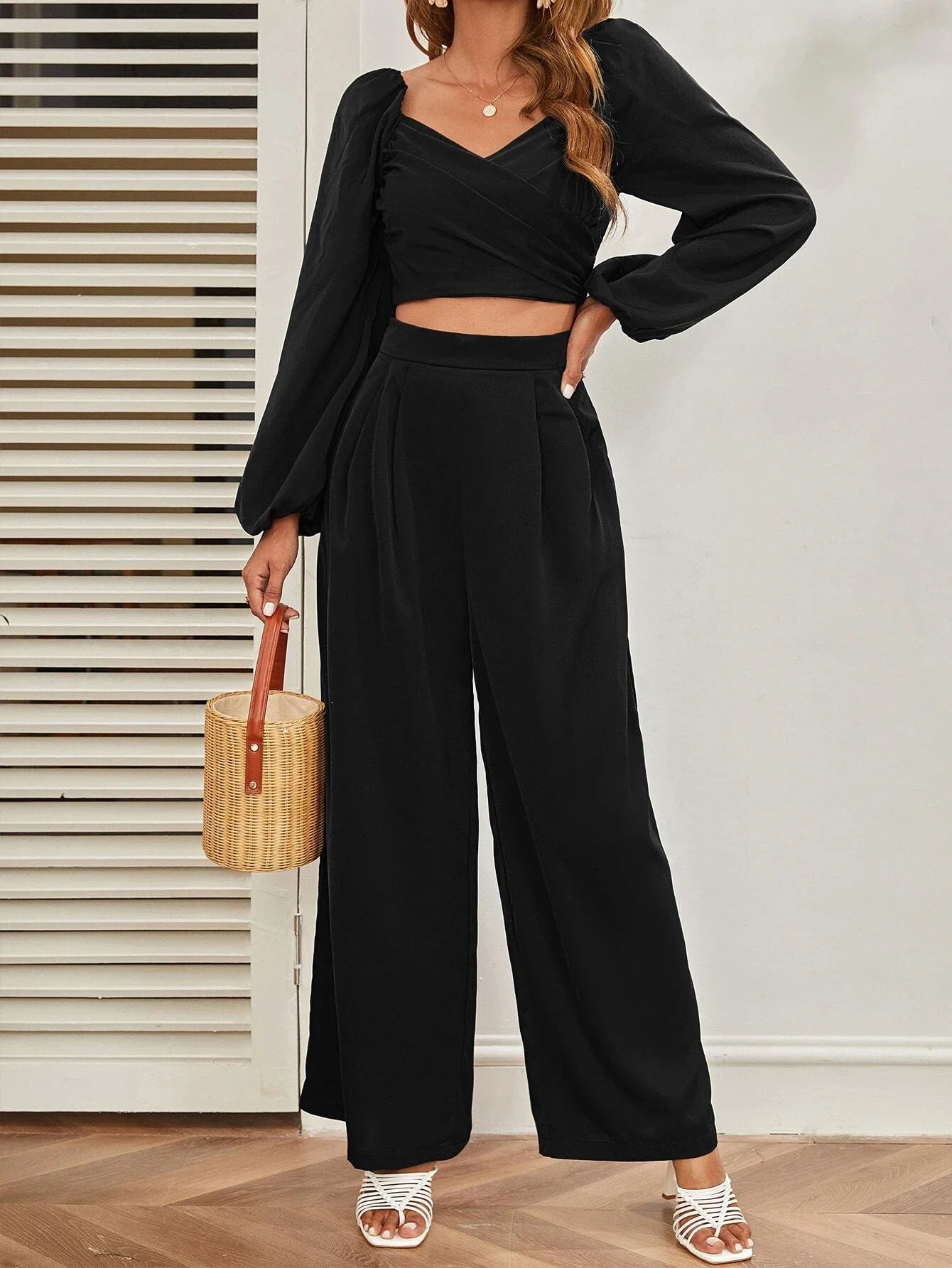 Buy SHEIN Mulvari Lantern Sleeve Shirred Back Crop Top & Pants Set in Pakistan