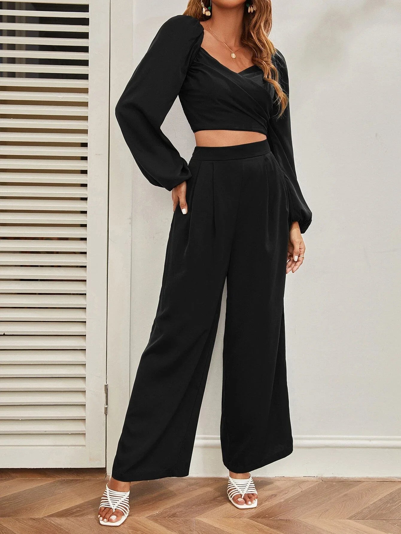 Buy SHEIN Mulvari Lantern Sleeve Shirred Back Crop Top & Pants Set in Pakistan