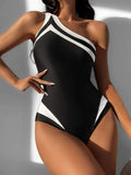 Buy SHEIN Contrast Binding One Shoulder One Piece Swimsuit in Pakistan