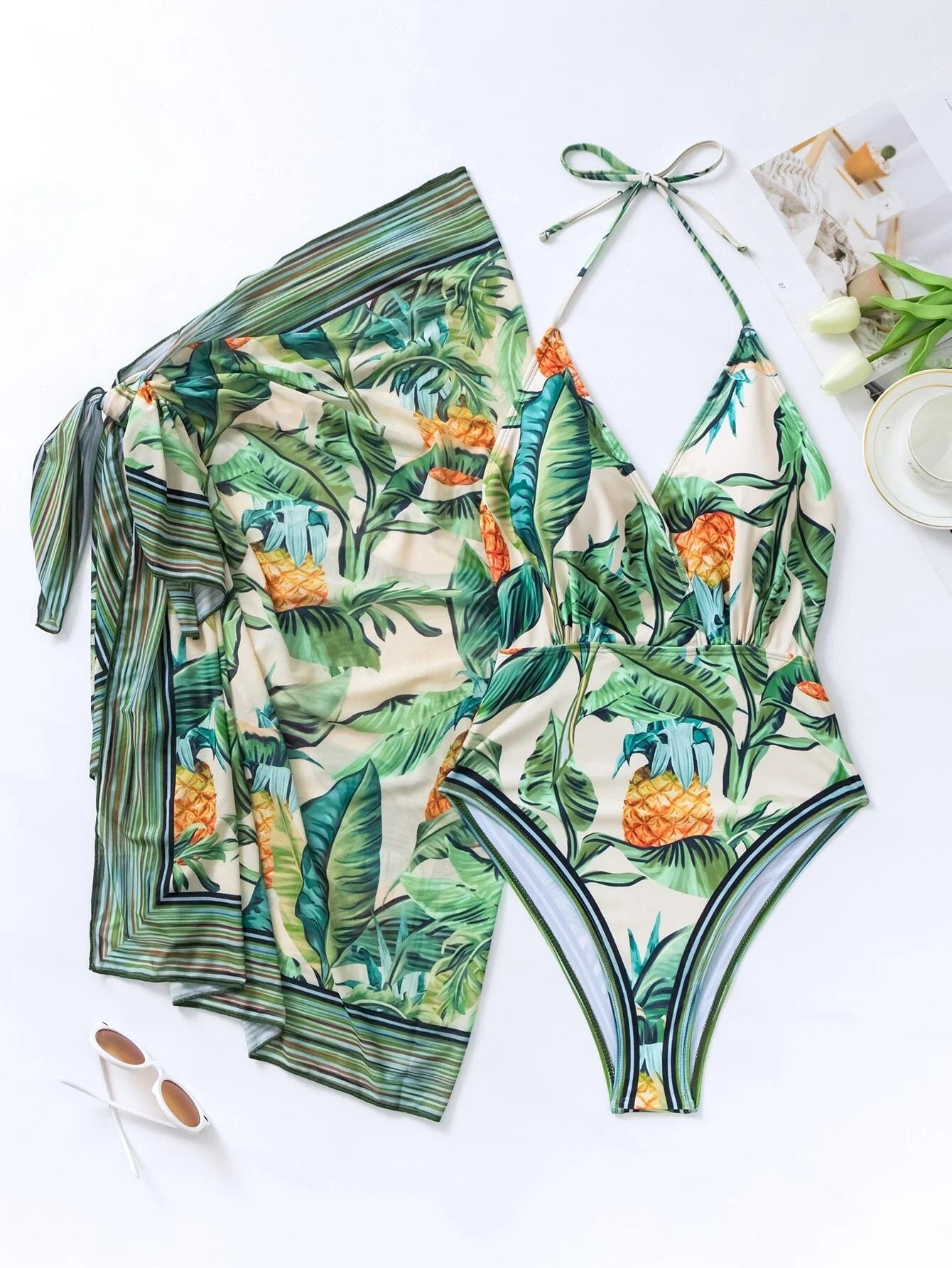 Buy SHEIN Tropical Print One Piece Swimsuit With Cover Up in Pakistan