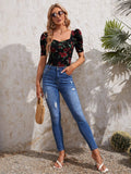 Buy SHEIN Floral Print Puff Sleeve Sweetheart Neck Tee in Pakistan