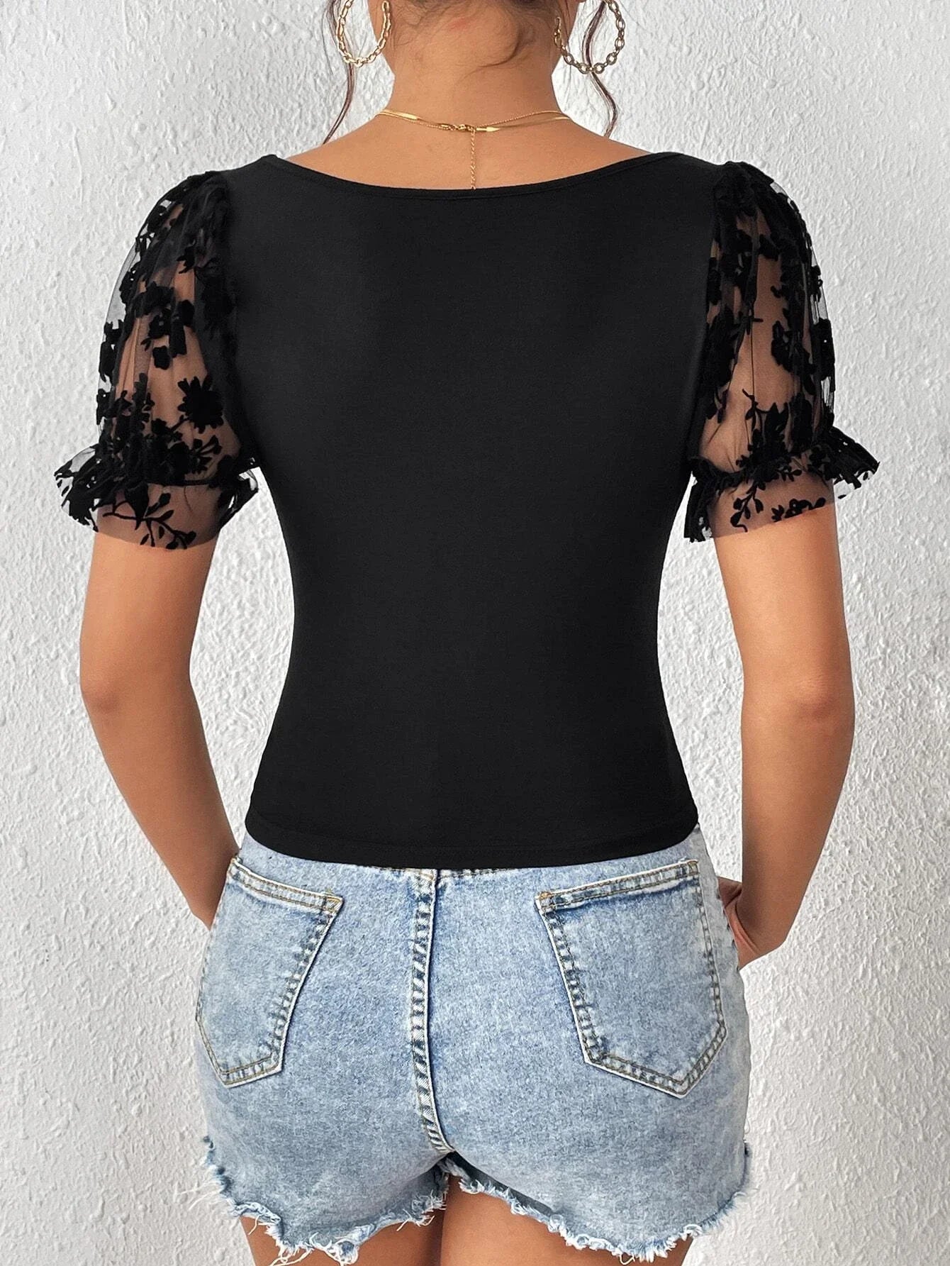 Buy SHEIN Unity Contrast Floral Mesh Puff Sleeve Tee in Pakistan