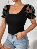 Buy SHEIN Unity Contrast Floral Mesh Puff Sleeve Tee in Pakistan