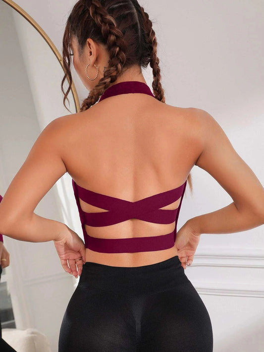 Buy SHEIN Crisscross Backless Crop Halter Neck Backless Sports Bra in Pakistan