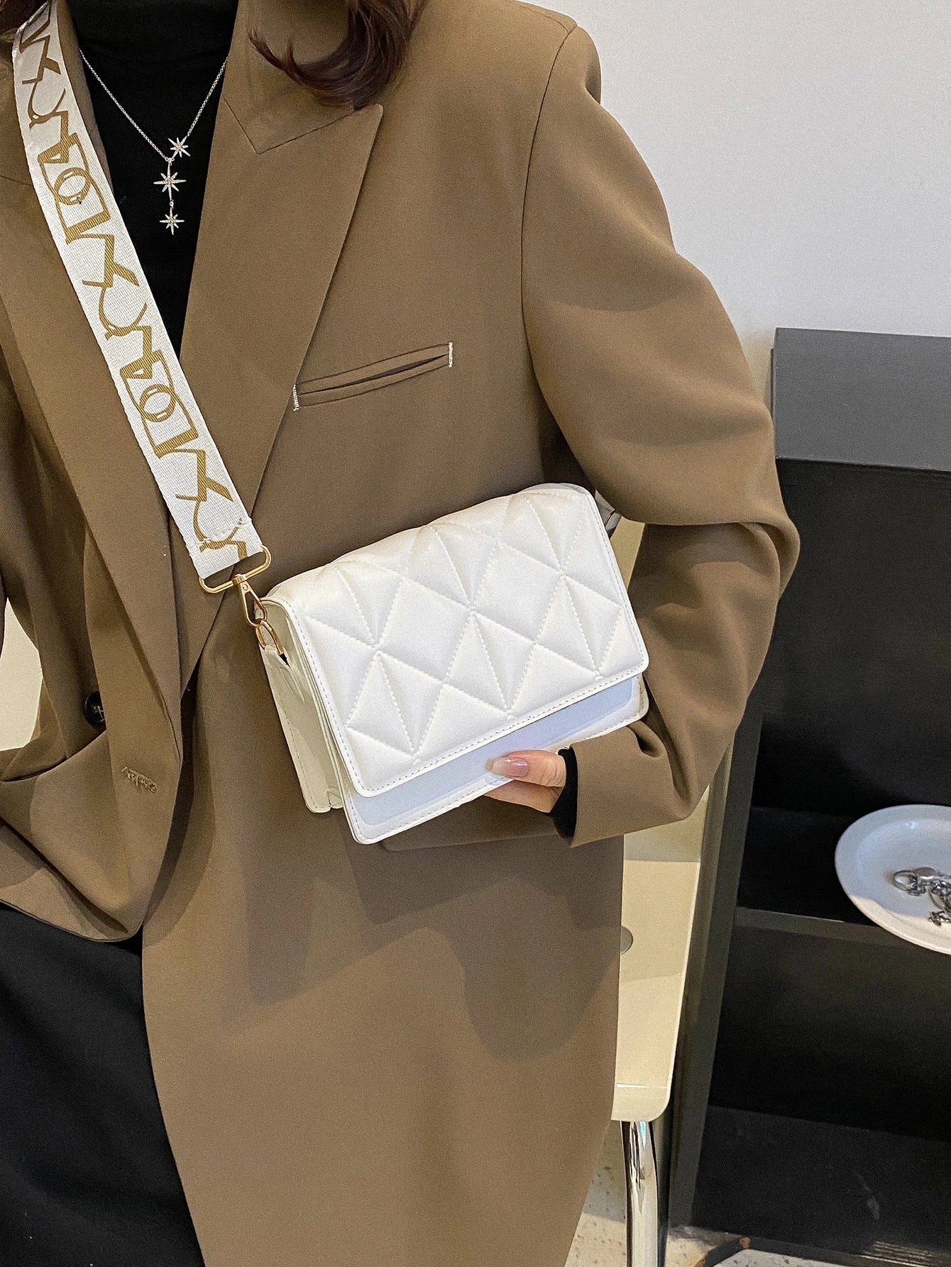 Buy SHEIN Mini Square Bag Fashionable White Quilted Flap PU For Office in Pakistan