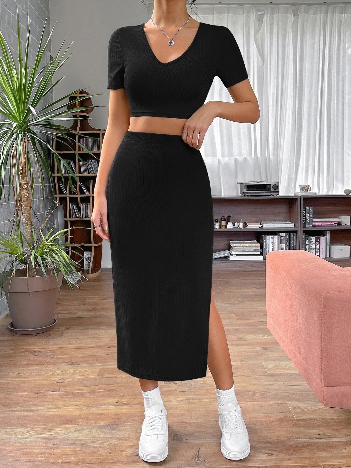 Buy SHEIN EZwear Solid Crop Tee & Split Thigh Skirt in Pakistan