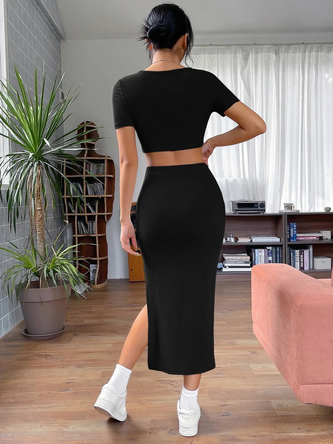 Buy SHEIN EZwear Solid Crop Tee & Split Thigh Skirt in Pakistan