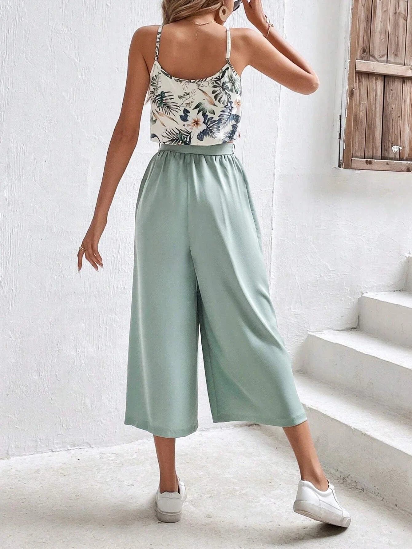 Buy SHEIN Frenchy Floral Print Cami Top & Belted Wide Leg Pants in Pakistan