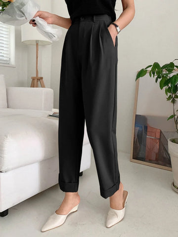 Buy SHEIN DAZY High Waist Plicated Detail Roll Hem Pants in Pakistan