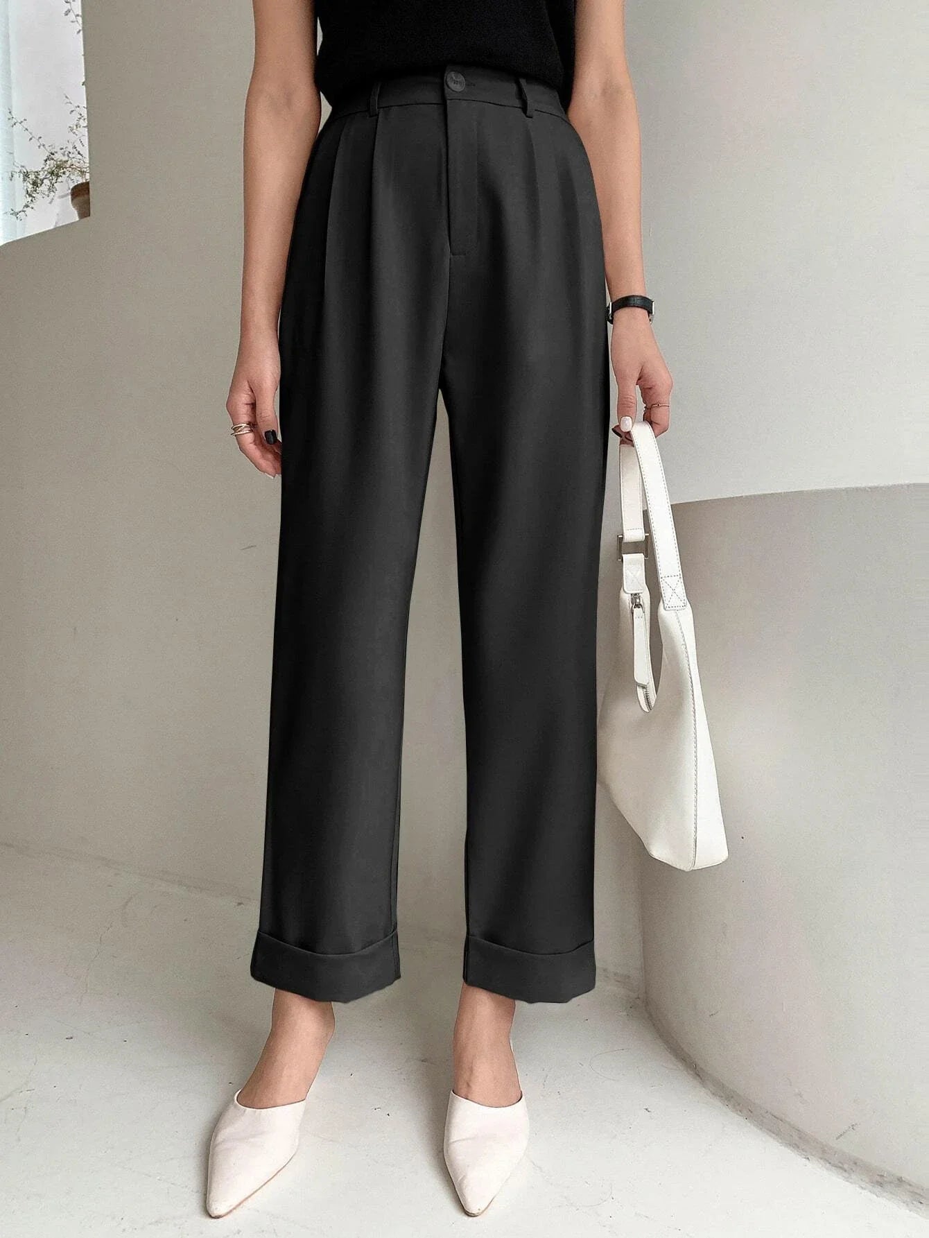 Buy SHEIN DAZY High Waist Plicated Detail Roll Hem Pants in Pakistan