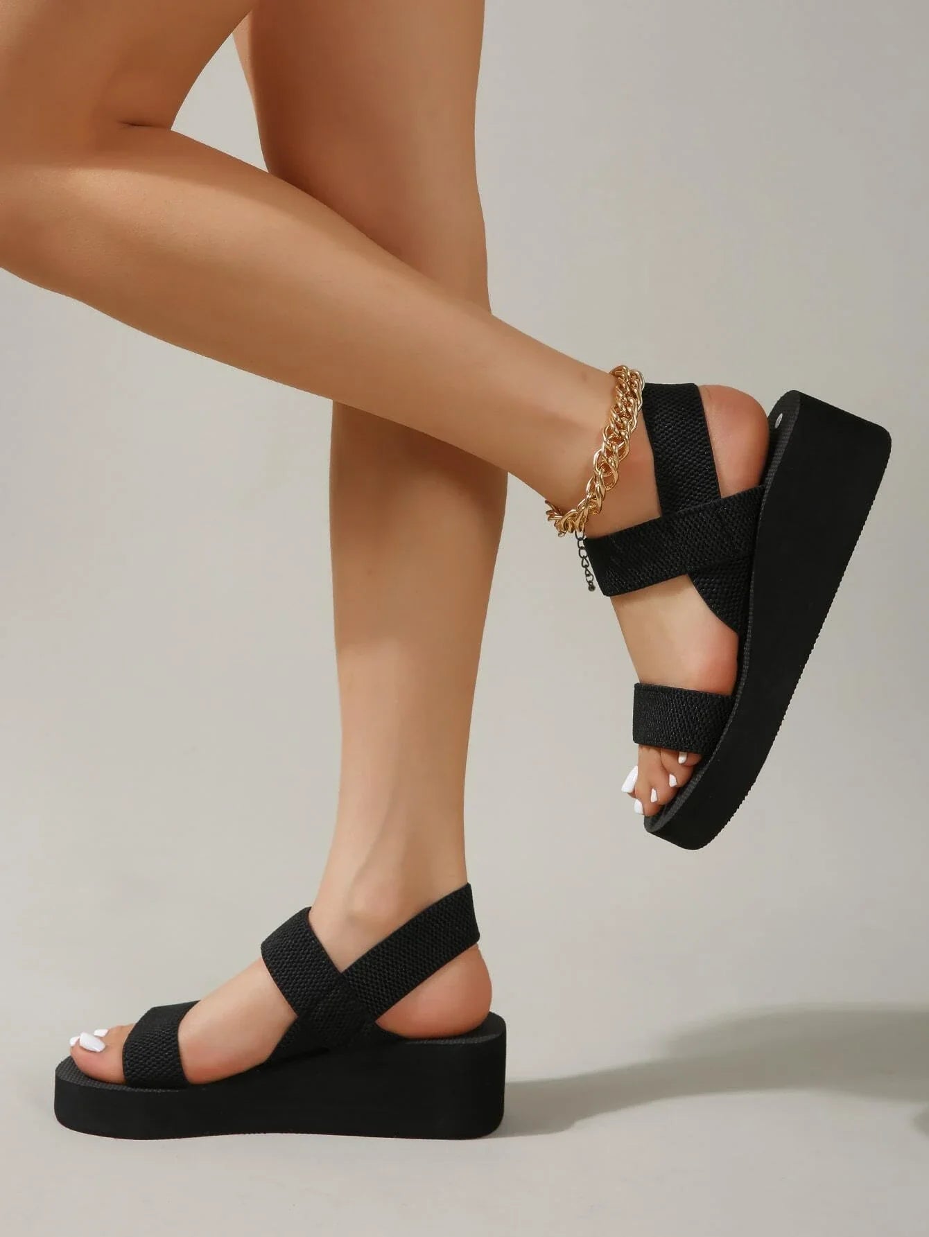 Buy SHEIN Women Ankle Strap Sandals, Elegant Black Fabric Wedge Sandals in Pakistan