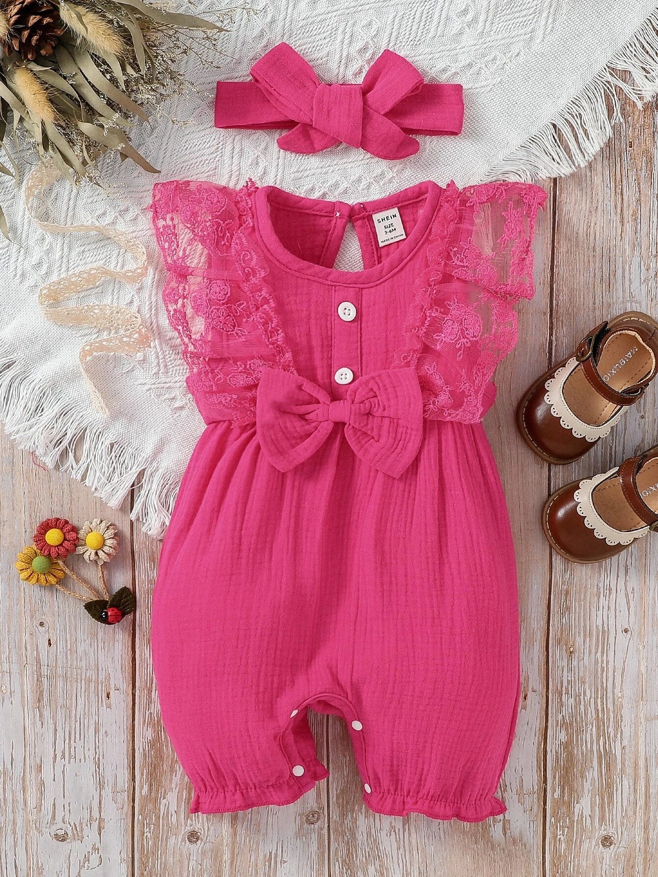 Buy SHEIN Baby Lace Ruffle Trim Bow Front Romper in Pakistan