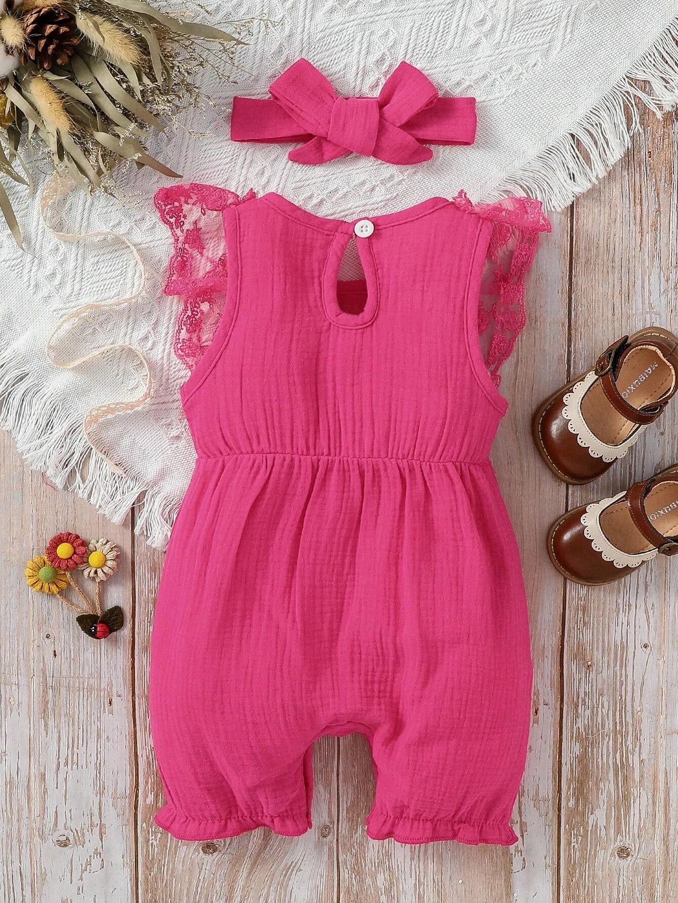 Buy SHEIN Baby Lace Ruffle Trim Bow Front Romper in Pakistan