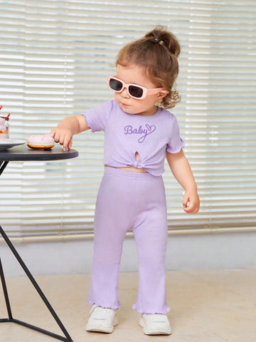 Buy SHEIN Baby Letter Embroidery Lettuce Trim Knot Front Tee & Flare Leg Pants in Pakistan