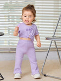 Buy SHEIN Baby Letter Embroidery Lettuce Trim Knot Front Tee & Flare Leg Pants in Pakistan