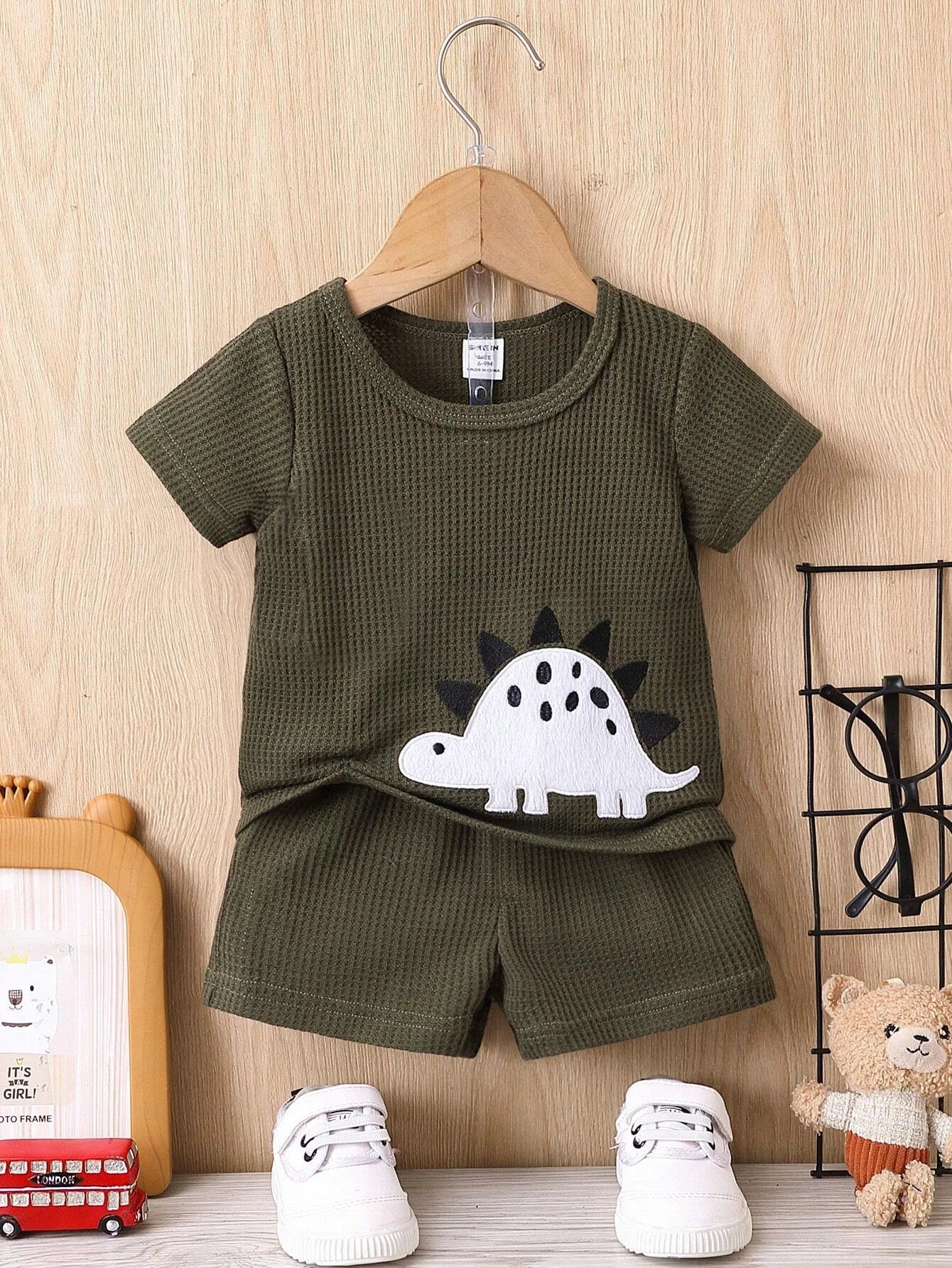 Buy SHEIN Baby Boy Dinosaur Embroidery Waffle Knit Tee & Shorts in Pakistan