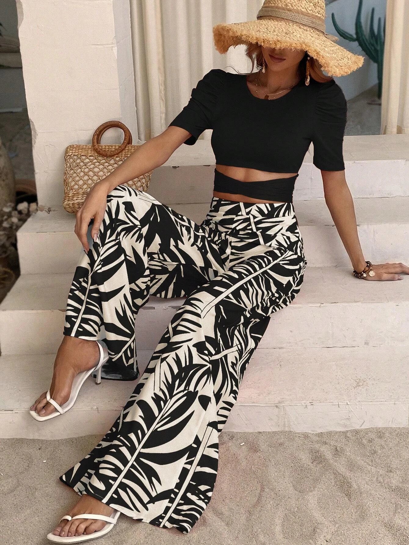 Buy SHEIN VCAY Solid Crop Tee & Tropical Print Wide Leg Pants in Pakistan