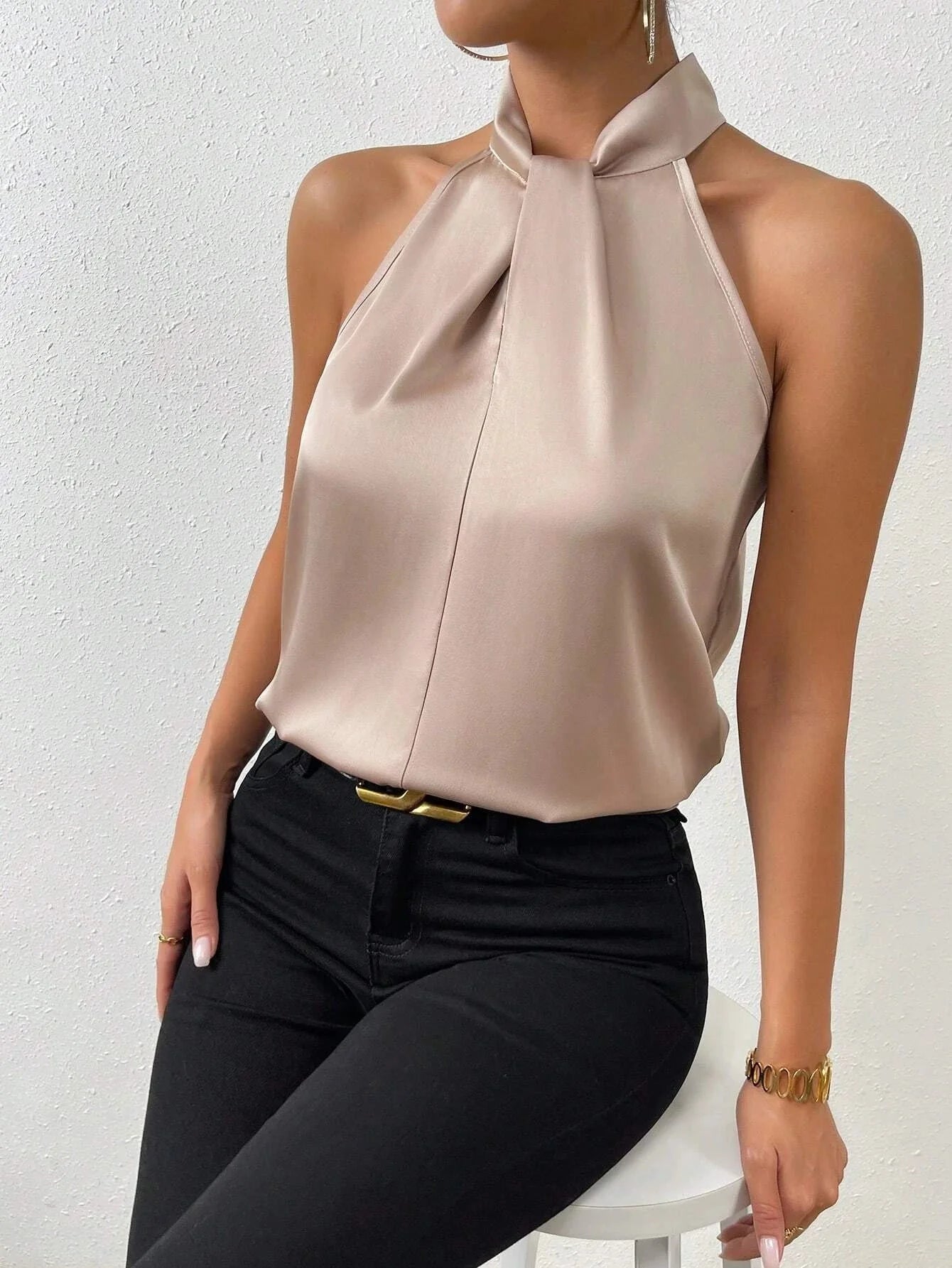 Buy SHEIN Frenchy Solid Satin Halter Neck Blouse in Pakistan