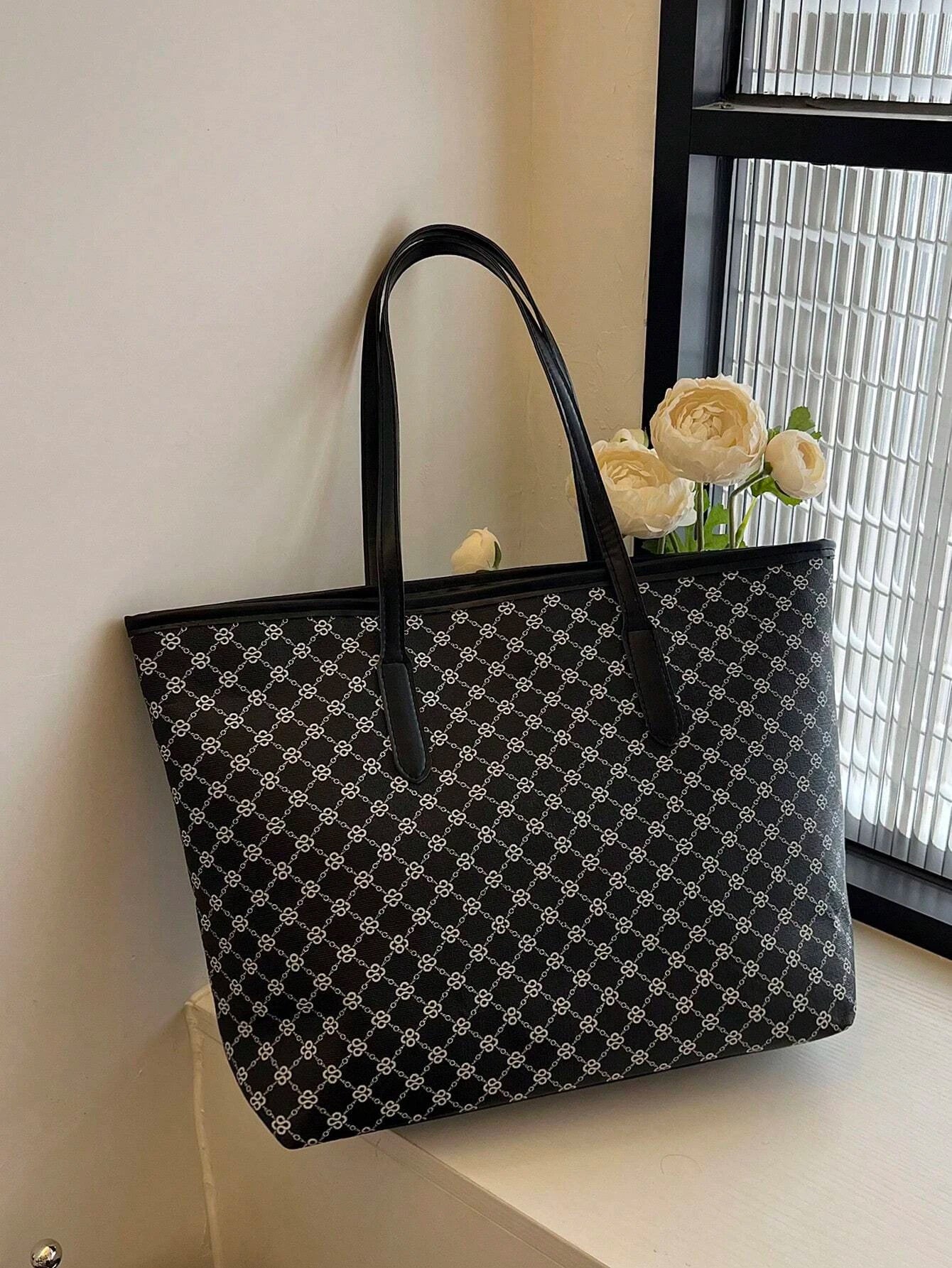 Buy SHEIN Large Shoulder Tote Bag Geometric Pattern Studded Decor in Pakistan