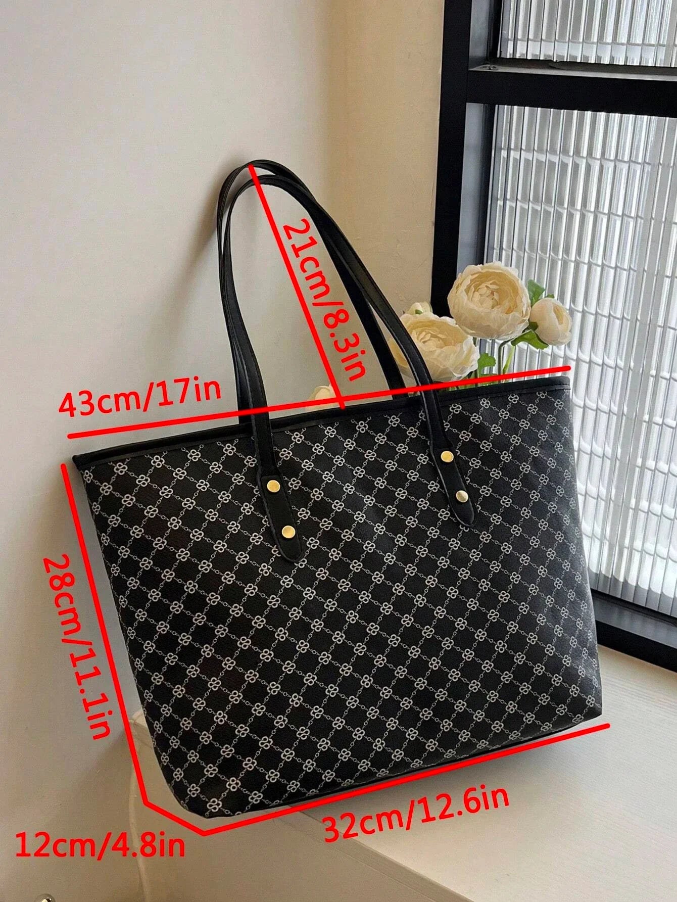 Buy SHEIN Large Shoulder Tote Bag Geometric Pattern Studded Decor in Pakistan